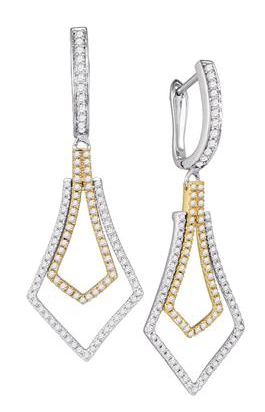 14K Two Tone Flared Diamond Dangle Earrings