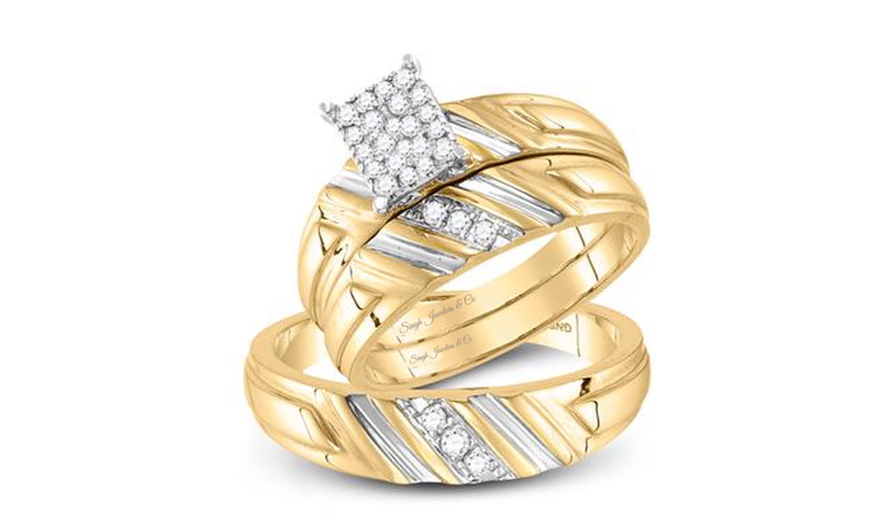 14K Diamond Cluster Matching Wedding Ring Set