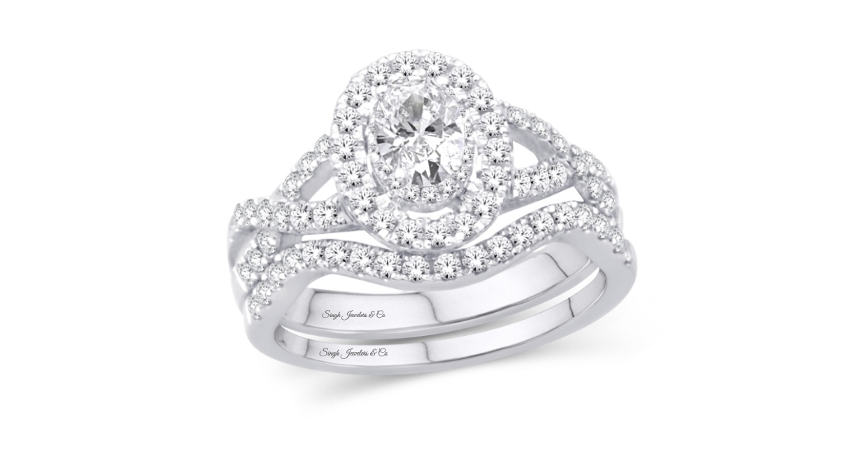 14K Oval Halo Diamond Bridal Ring Set