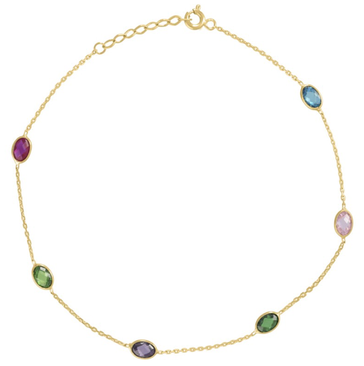 14Kt Yellow Gold Multi-Color Oval CZ Anklet