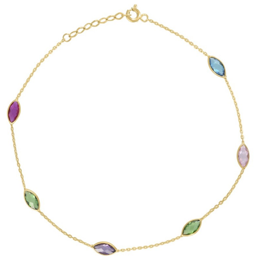 14Kt Yellow Gold Multi-Color Marquise CZ Anklet
