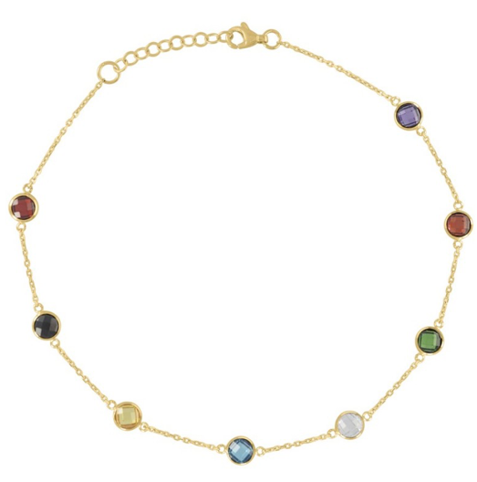 14Kt Yellow Gold Womens Multi-Color Cubic Zirconia Chain Anklet