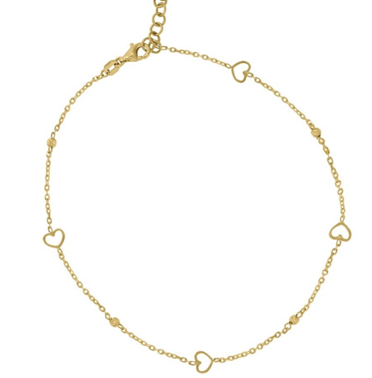 14kt Yellow Gold Womens Open Heart Beaded Anklet