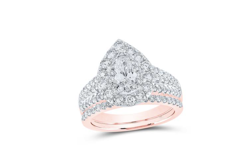 14K Pear Halo Bridal Wedding Ring Set
