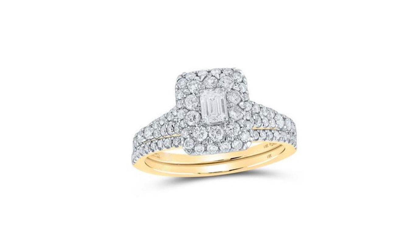 14K Emerald Halo Bridal Wedding Ring Set