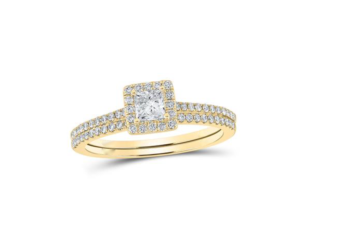 14K Princess Halo Bridal Wedding Ring Set