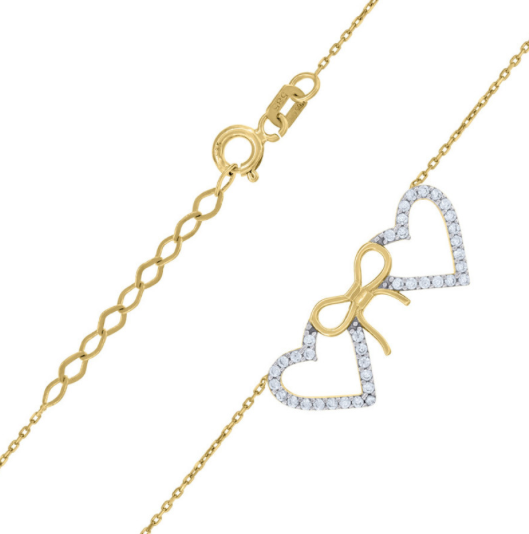 14K Double Heart Bow Necklace