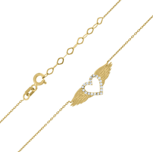 14K Diamond Cut Heart with Angel Wings Necklace