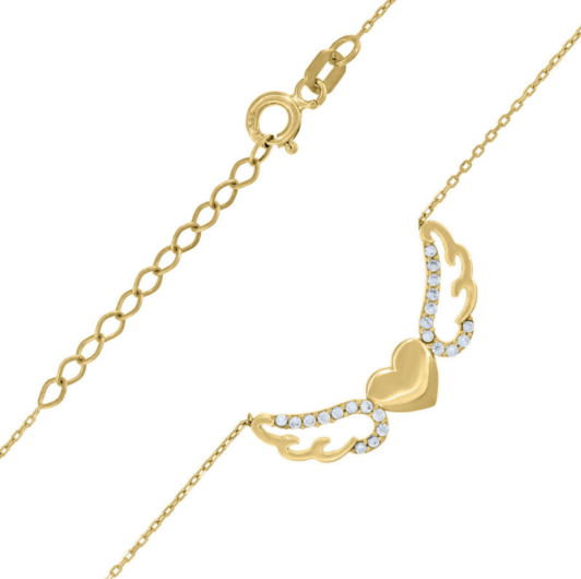 14K White Sapphire Heart with Angel Wings Necklace